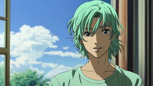 Green-haired anime teen stands by sunny open window.