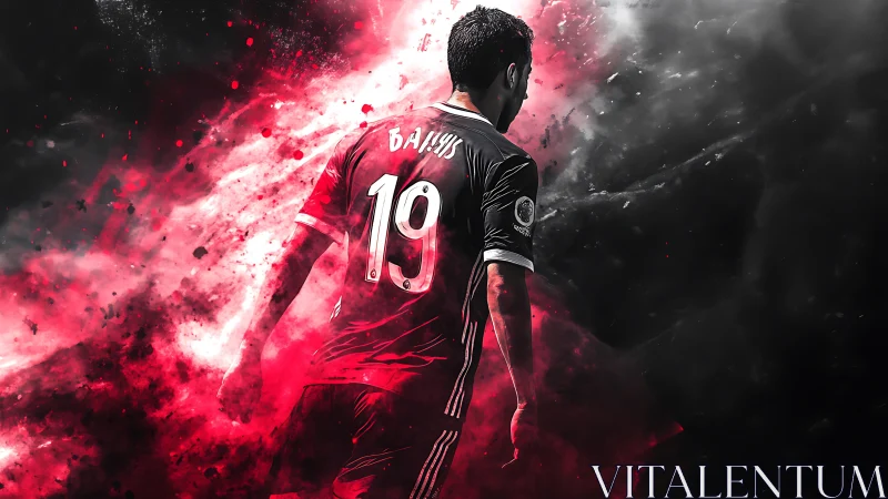 Number nineteen strides through a storm of crimson smoke