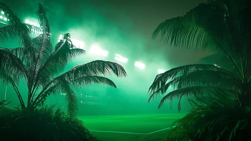 Foglit tropical tennis court framed by backlit palm trees