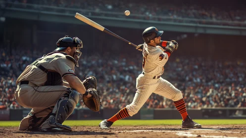 Sunlit baseball swing frozen at the perfect contact point.