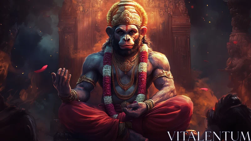 Divine Hanuman in fiery temple glow, meditative and powerful.