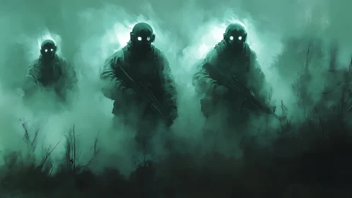 Armored soldiers with glowing goggles advance through fog.