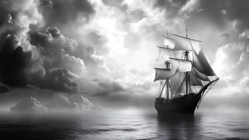Tall ship cuts through monochrome seas under storm clouds.