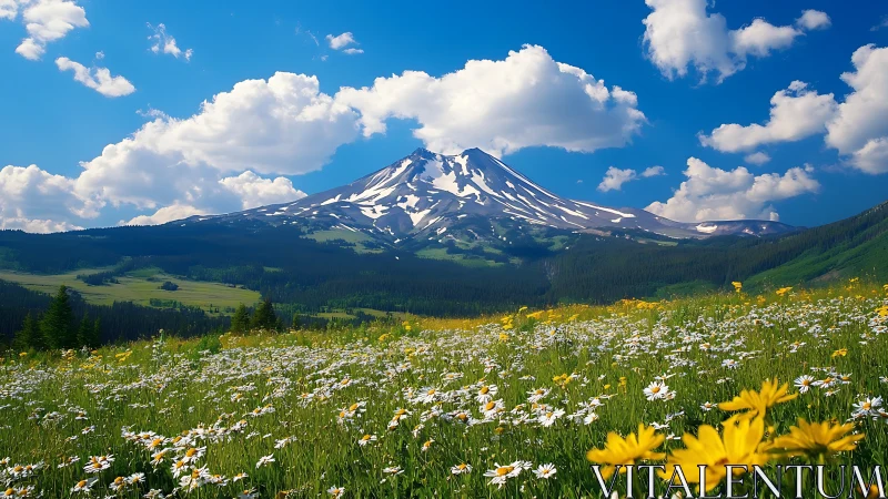 Snowcapped mountain rising above wildflower alpine meadow.