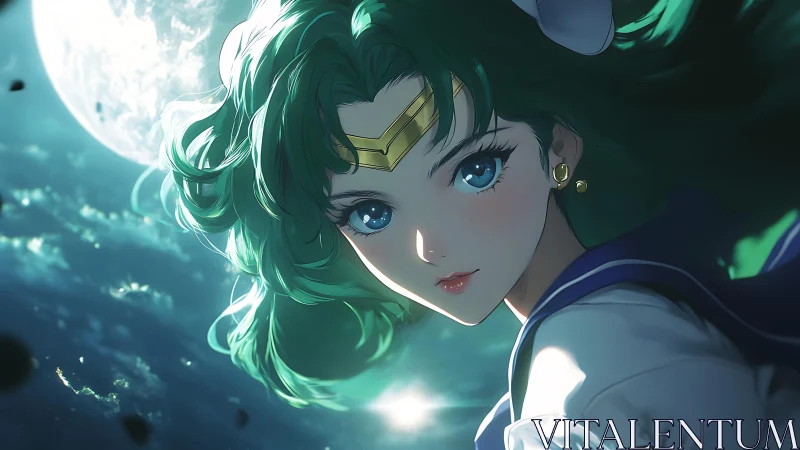 Moonlit sea guardian with emerald hair and tidal gaze.