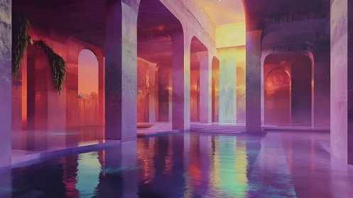 Neon Hallway with Arches and Reflective Water Floor.