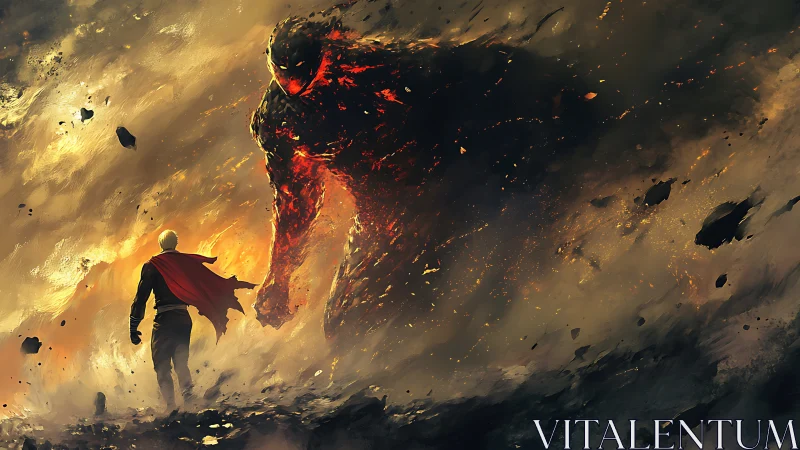 Lone caped hero confronts colossal molten shadow titan.