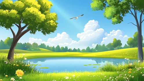 Landscape illustration shows pond, trees, grass, and clouds