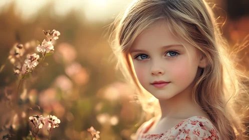 Young girl in sunlit field with pink flowers. Serene portrait.