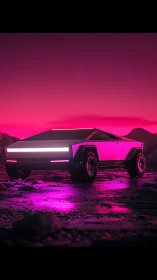 Futuristic off road truck glowing in neon pink twilight.