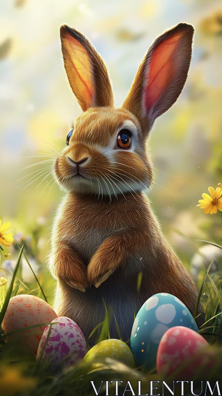 Bright-eyed meadow bunny guarding a jewel-toned egg trove.