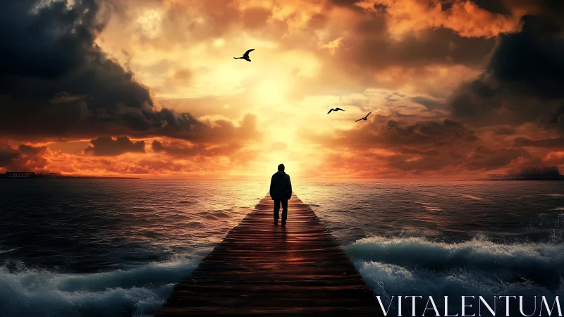 Solitary figure on pier facing intense ocean sunset.