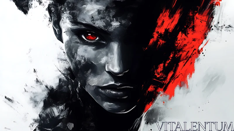 Female face emerges from abstract black and red strokes