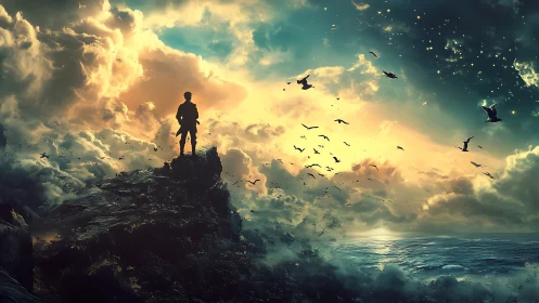Lone figure on stormy cliff under glowing fantasy sky.