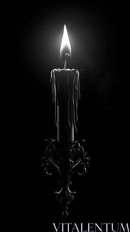 Single wax candle in ornate holder rendered in high-contrast 3D