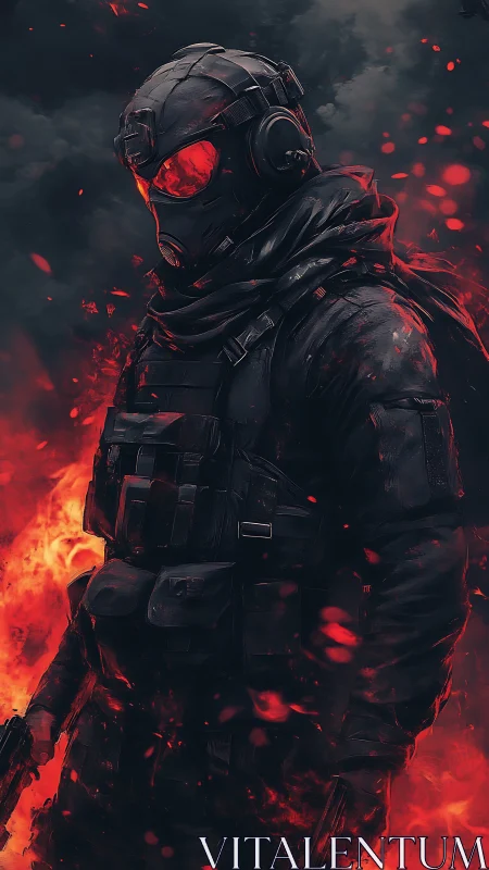 Armored tactical soldier in flames with red visor detail.