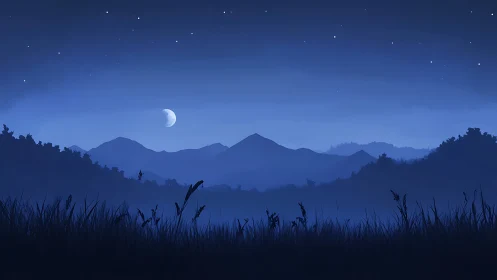Crescent moon over layered mountains and silhouetted grasses.