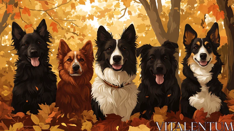 Five smiling dogs sit in glowing autumn forest leaves