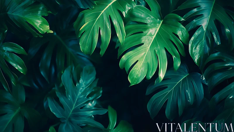 Monstera leaves overlap in dense emerald tropical canopy