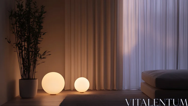 Glowing spherical lamps illuminate minimalist bedroom corner