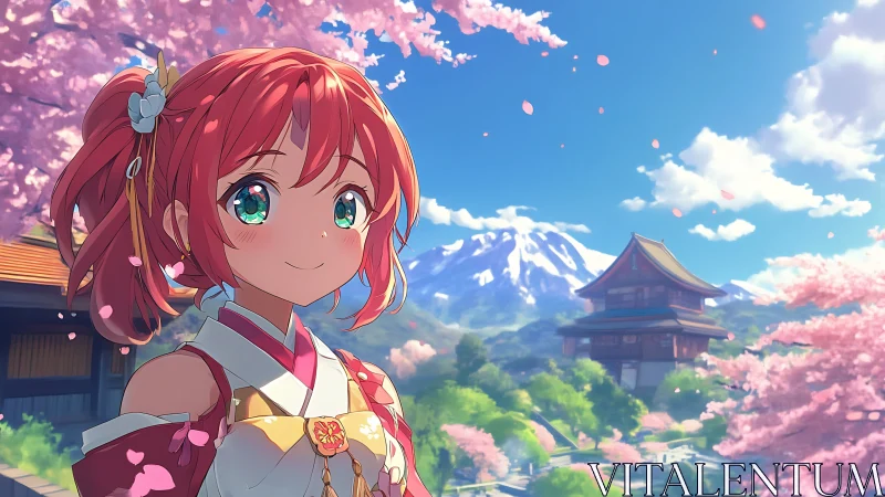 Spring kimono heroine under sakura with distant mountain.