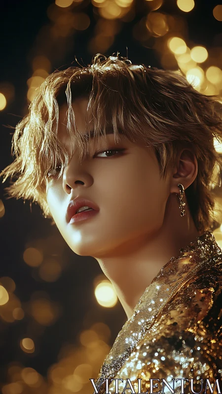 Cinematic gold bokeh portrait with high-gloss specular lighting.