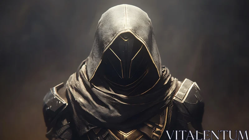 Hooded armored figure in cinematic low key digital portrait lighting