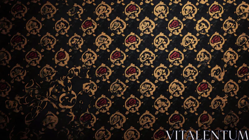 Textile shows repeating gold and red woven ornamental pattern