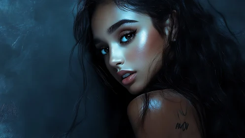 Moody teal portrait with glossy skin and luminous gaze.