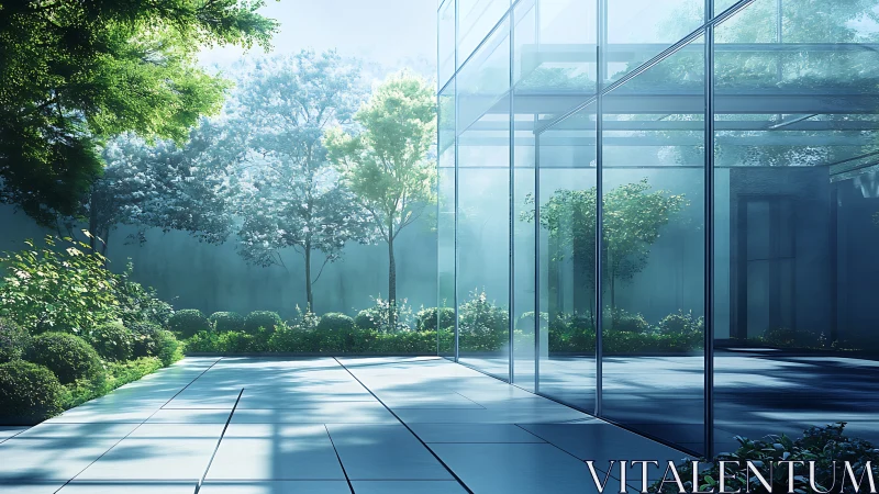Minimalist Glass Pavilion with Dappled Light Through Deciduous Canopy.