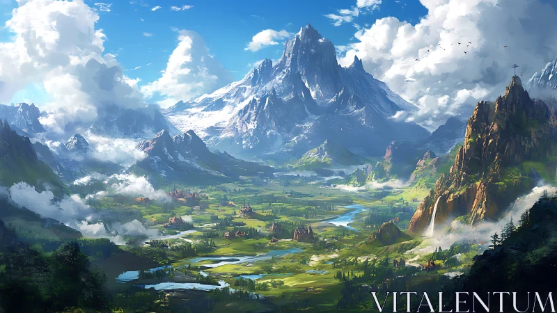 Expansive valley landscape with snowcapped central mountain peak.