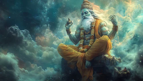 Celestial blue sage levitates above luminous storm clouds