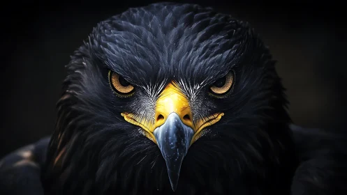 Intense close-up portrait of a majestic black eagle in dramatic lighting.