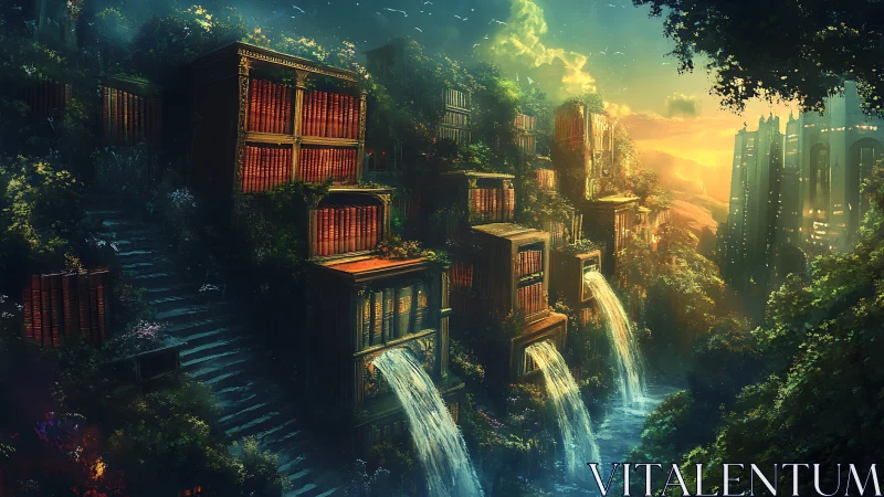 Digital painting of cascading library terraces in sunrise cityscape.