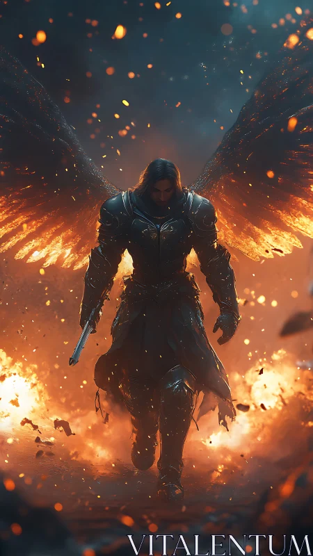 Winged warrior walks through fire with calm, blazing grace.