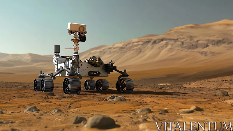 Mars exploration rover stands on arid rocky plain under hazy sky