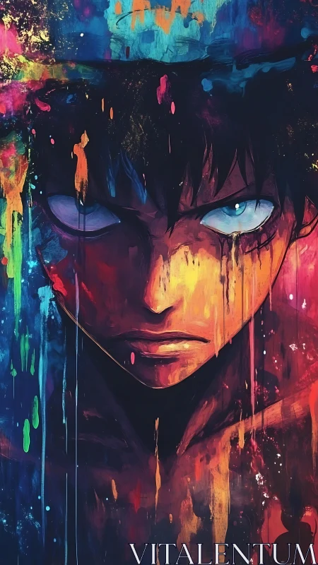 Stoic male face in saturated dripping paint portrait.