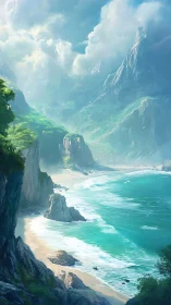 Dramatic coastal valley with towering cliff formations and turquoise waters.