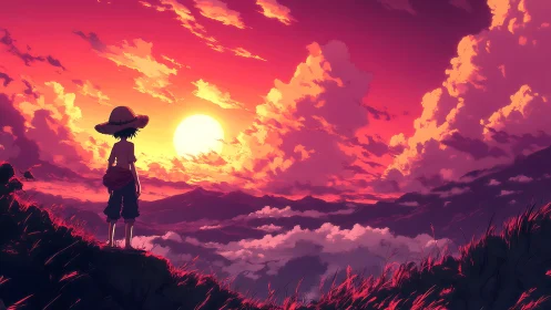 Straw hat wanderer greeting a wildfire painted sunset sky.