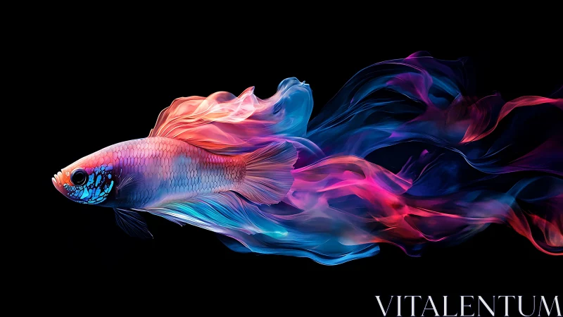 Vibrant betta fish trails luminous neon ribbons across black.