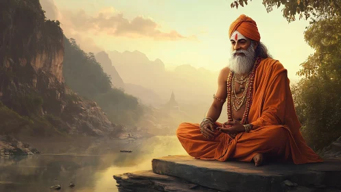 Meditating Hindu sage in orange robes overlooks misty river valley