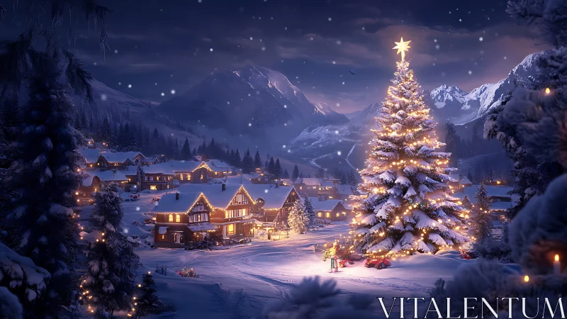 Starlit alpine village gathers around a glowing winter giant