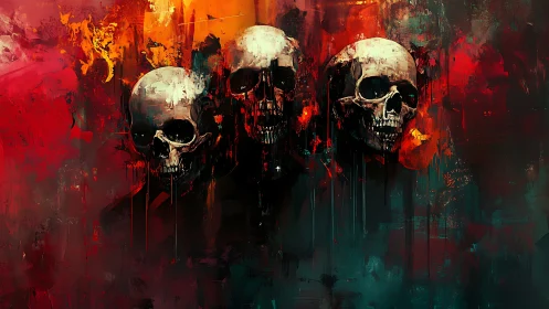 Three skulls in dark red abstract horror artwork.