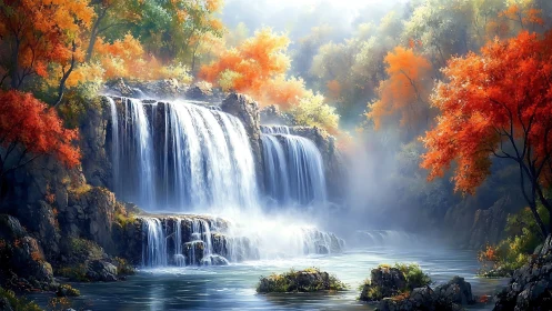 Autumn waterfall cascades through misty forest sanctuary.