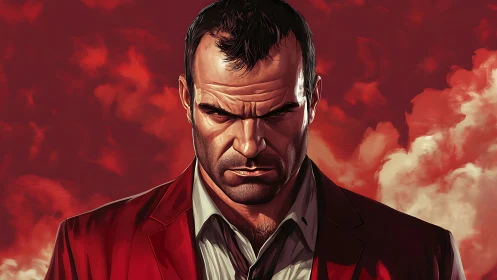 Brooding suited man against intense red sky backdrop.