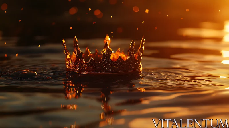 Burning golden crown sinking into molten sunset water.