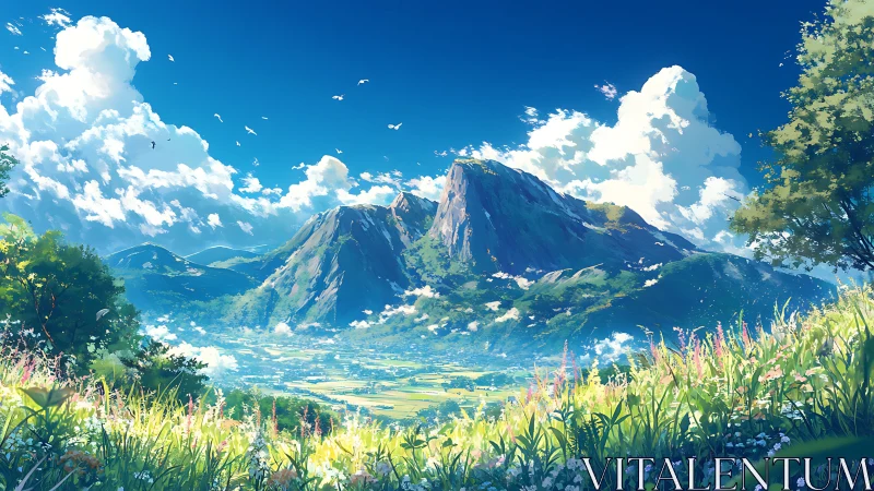 Vivid summer valley and towering blue mountains under clouds.