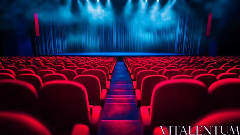 Empty red theater auditorium under dramatic blue stage lights.