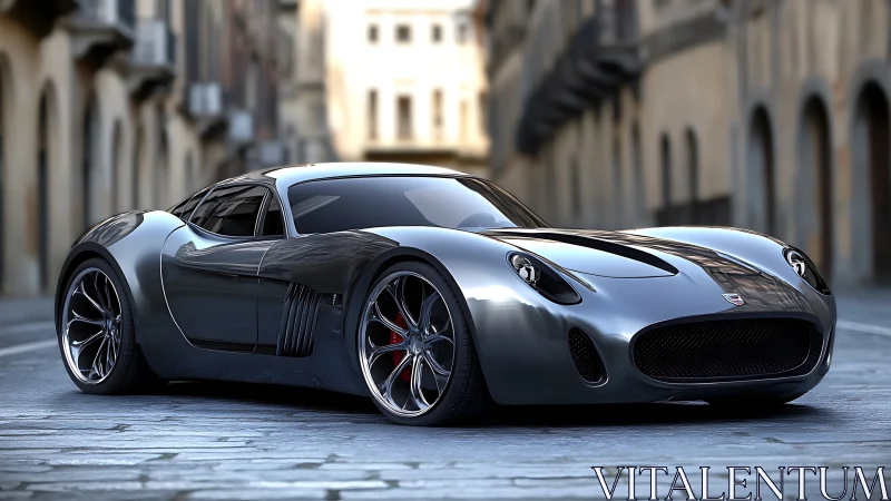Sleek graphite supercar on empty European cobbled street.