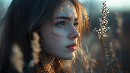 Soft winter light on a thoughtful face in quiet meadow dusk.